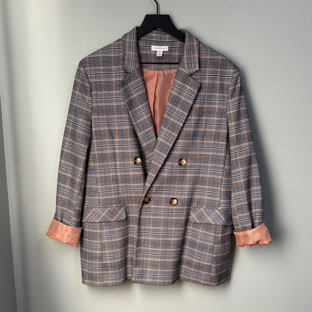 Topshop Gray Plaid Double-Breasted Blazer
